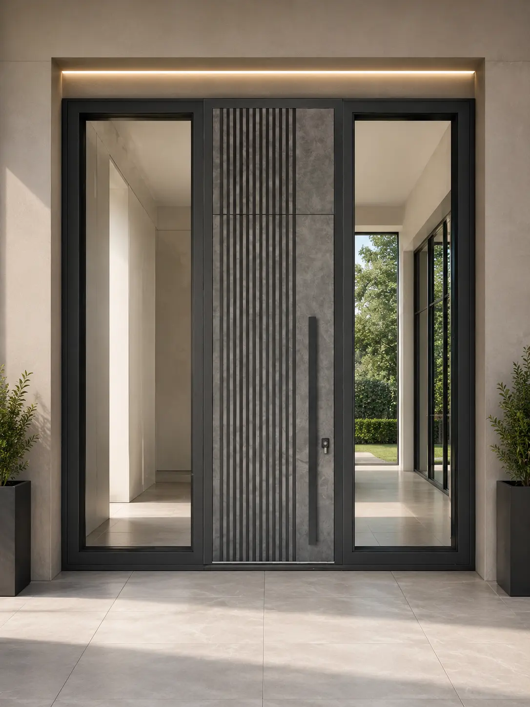 Установленная входная группа GABA Strata Glass с прозрачными боковыми стеклянными секциями и архитектурной подсветкой