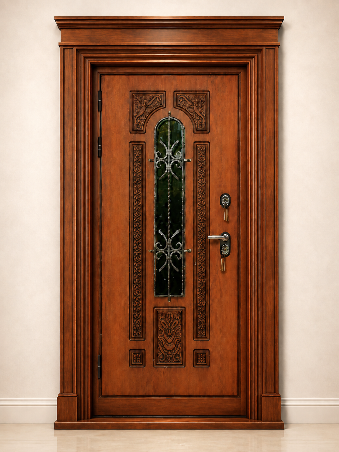 Уличная входная дверь GABA Firenze Walnut в ореховом исполнении со стеклом и декоративной ковкой на светлом фоне