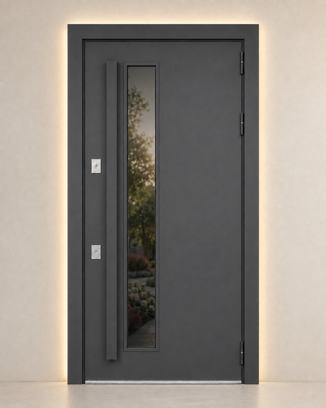 Входная дверь GABA Jardin Mirror в графитовом цвете с узкой вертикальной стеклянной вставкой на светлом фоне