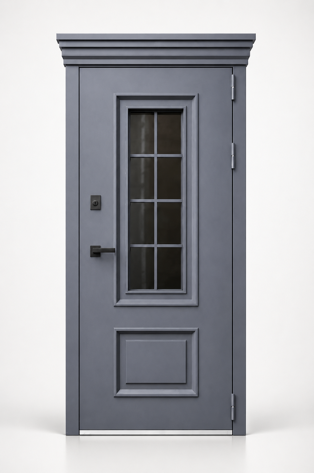 Уличная входная дверь GABA Portico Graphite в графитовом цвете со стеклянной вставкой и классическим портальным оформлением на светлом фоне
